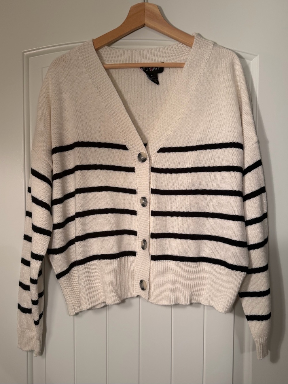 Runway Ivory & Black Striped V-Neck Button Sweater Cardigan Women’s Size Medium